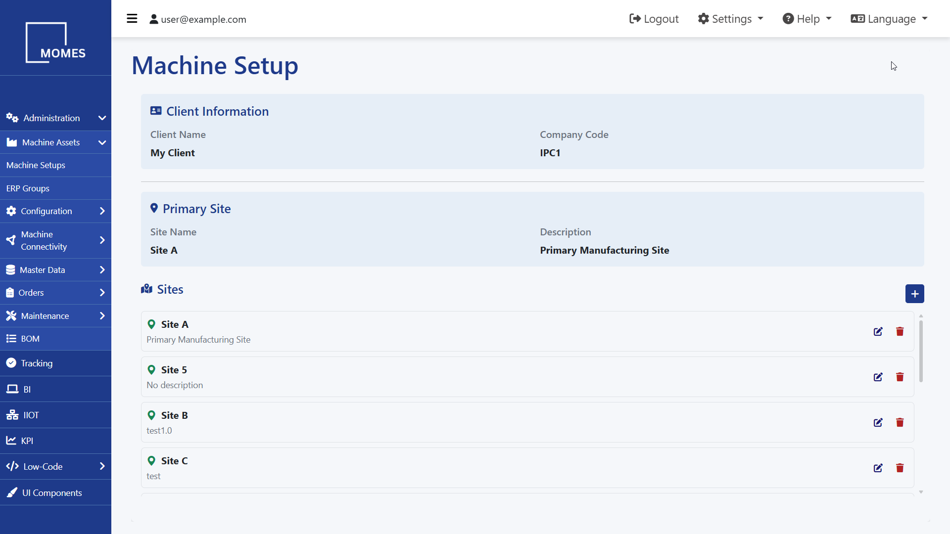 Machine Setups Interface